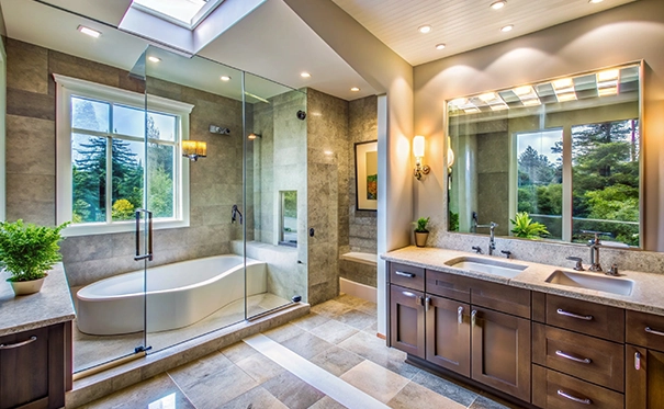 Modern Bathroom with Glass Shower Enclosure and Double Vanity