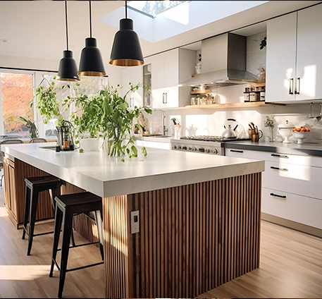 Modern Kitchen Interior With Sleek Design Featuring Large Island and Pendant Lights