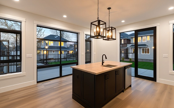 Modern Kitchen with Island and Large Windows Showing Exterior Painting Alhambra