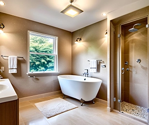 Modern Bathroom With Freestanding Tub and Glass Shower Enclosure