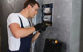 Technician Performing Electrical Panel Upgrade Alhambra in a Modern Setting