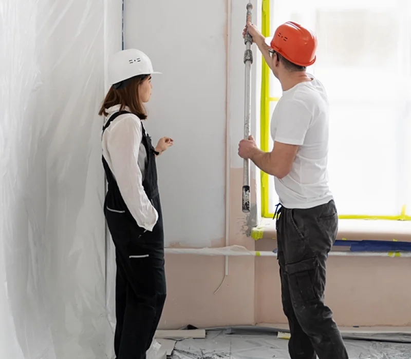 Two Construction Workers Discuss Interior Painting Alhambra Project